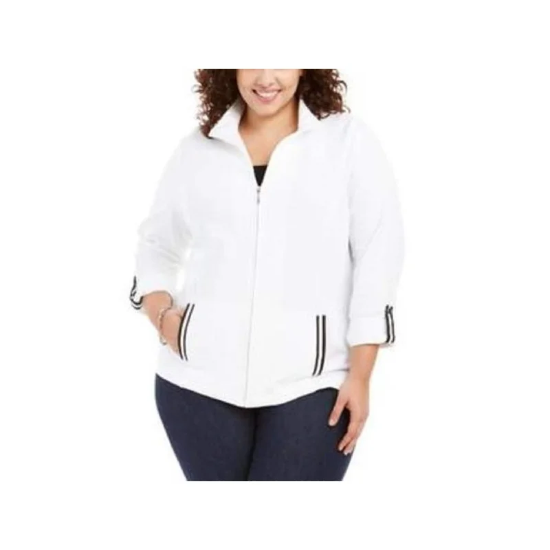 Karen Scott Women's Sport French Terry Ribbon-Trim Jacket White Size Extra Small - X-Small