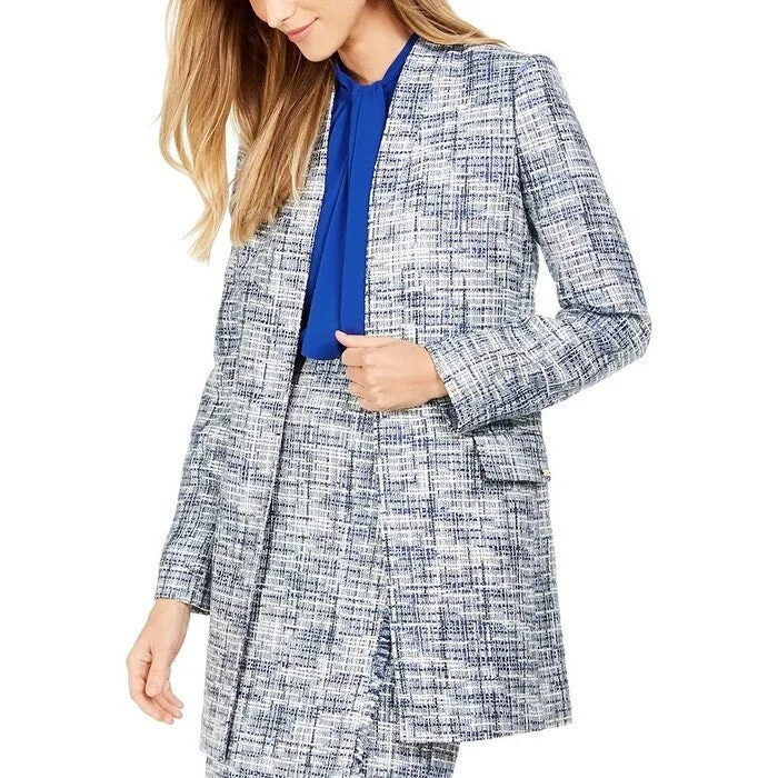 Calvin Klein Women's Tweed Collarless Topper Jacket Blue Size 4