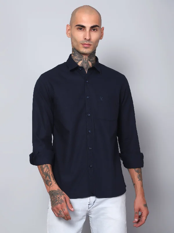 Men's Navy Blue Casual Self Textured Full Sleeve Shirt