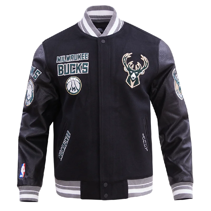 NBA MILWAUKEE BUCKS RETRO CLASSIC MEN'S RIB WOOL VARSITY JACKET (BLACK/GRAY)