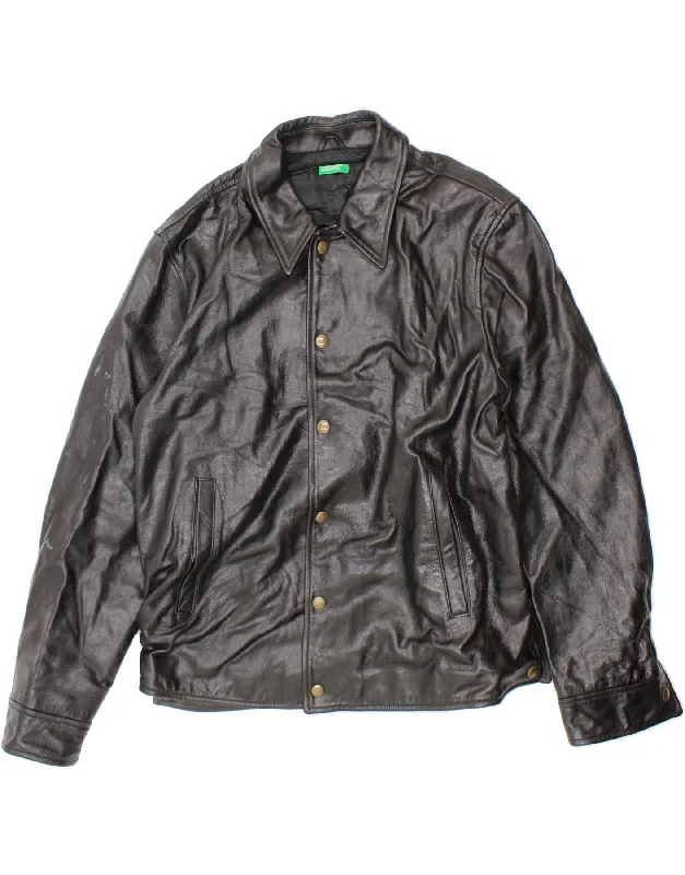 BENETTON Mens Leather Jacket IT 54 2XL Black Leather