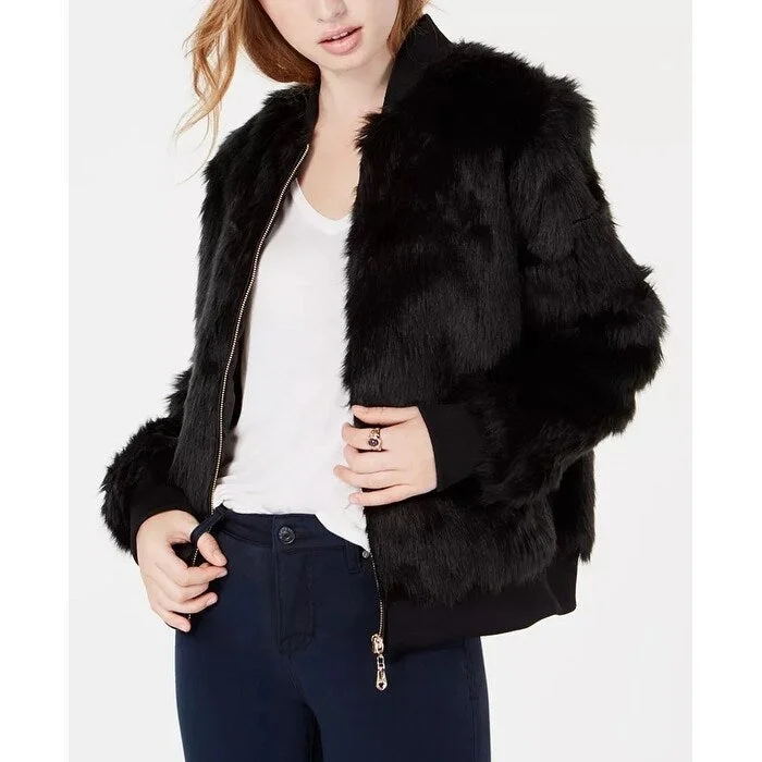 Say What? Juniors' Faux-Fur Bomber Jacket Black Size Extra Small - X-Small