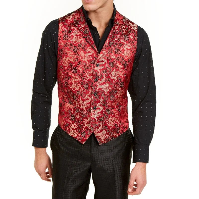 Tallia Orange Men's Slim-Fit Red/Gold Floral Dragon Vest Red Size 38