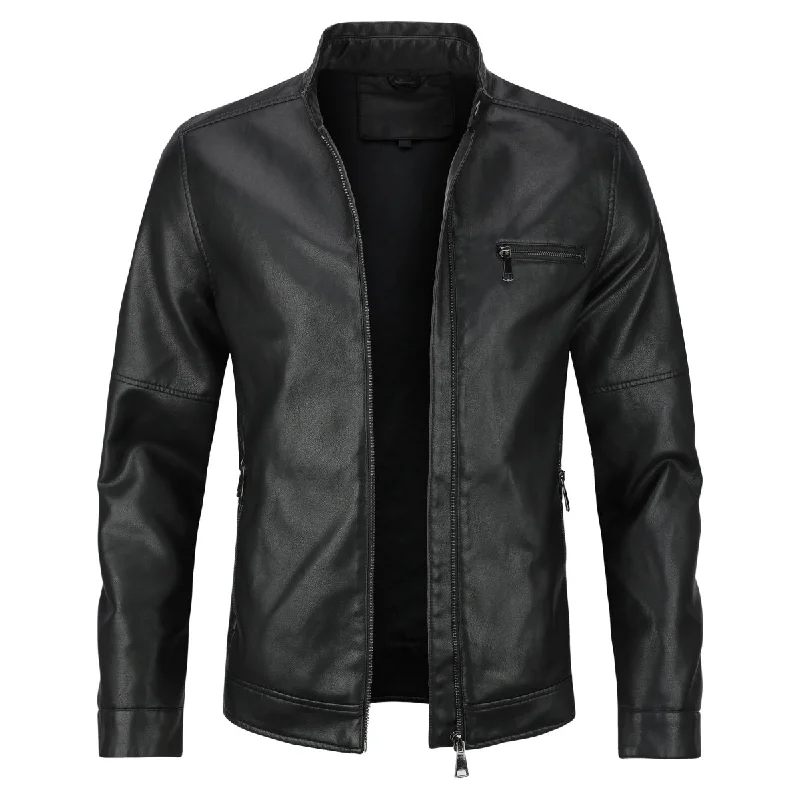 Men's Leather Jacket Casual Zip Up Motorcycle Outwear Black 3