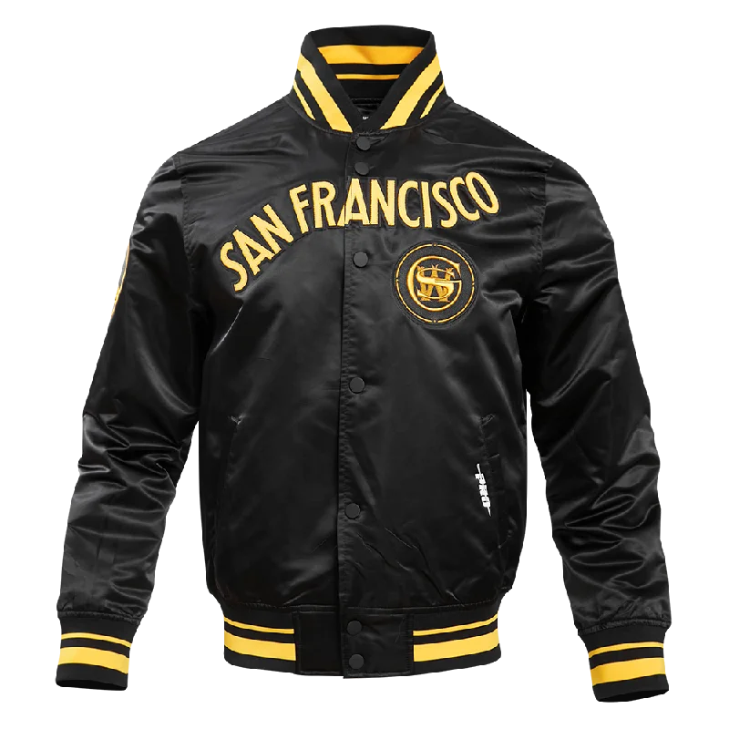 NBA GOLDEN STATE WARRIORS MEN'S CHEST BAY AREA RIB SATIN JACKET (BLACK/YELLOW)