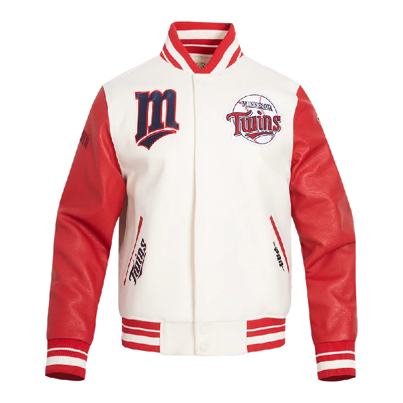 MLB MINNESOTA TWINS RETRO CLASSIC MEN'S RIB VARSITY JACKET (EGGSHELL/ RED)