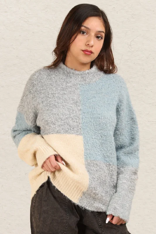 Color Block Mock Neck Drop Shoulder Sweater