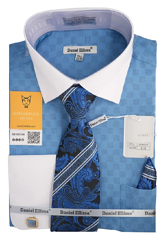 Blue White French Cuff Dress Shirt Set with Tie, Cuff Links and Pocket Square