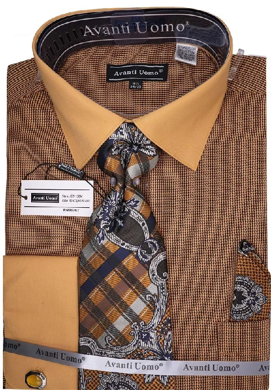 Black Mustard French Cuff Mini-Houndstooth Dress Shirt Set with Tie and Handkerchief