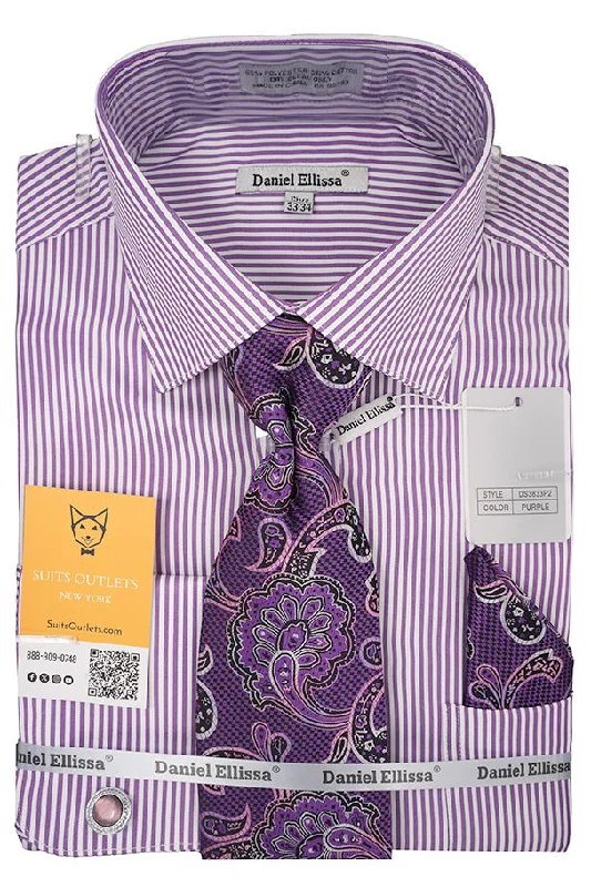 Purple White Bold Stripe French Cuff Dress Shirt with Tie, Cuff Links and Pocket Square