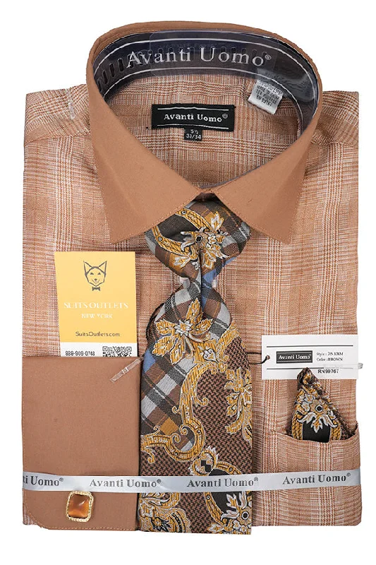 Brown Plaid French Cuff Dress Shirt Set with Cuff Links, Tie and Pocket Square