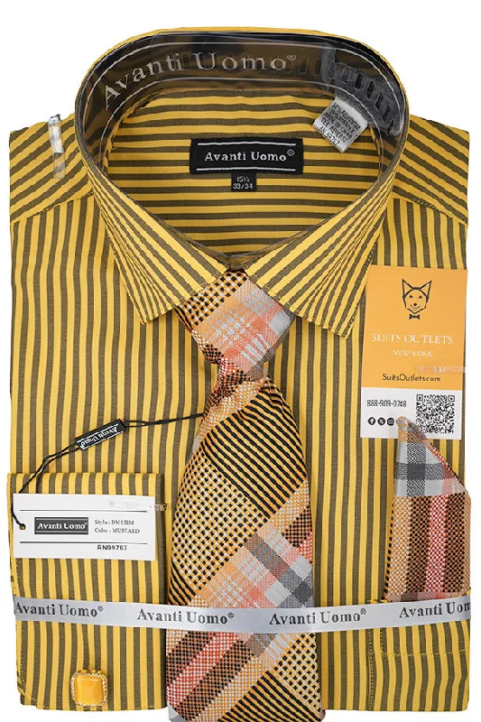 Black and Mustard Striped French Cuff Dress Shirt Set with Tie, Cuff Links and Pocket Square