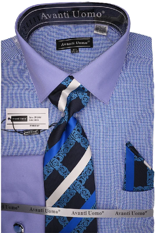 Blue French Cuff Mini-Houndstooth Dress Shirt Set with Tie and Handkerchief