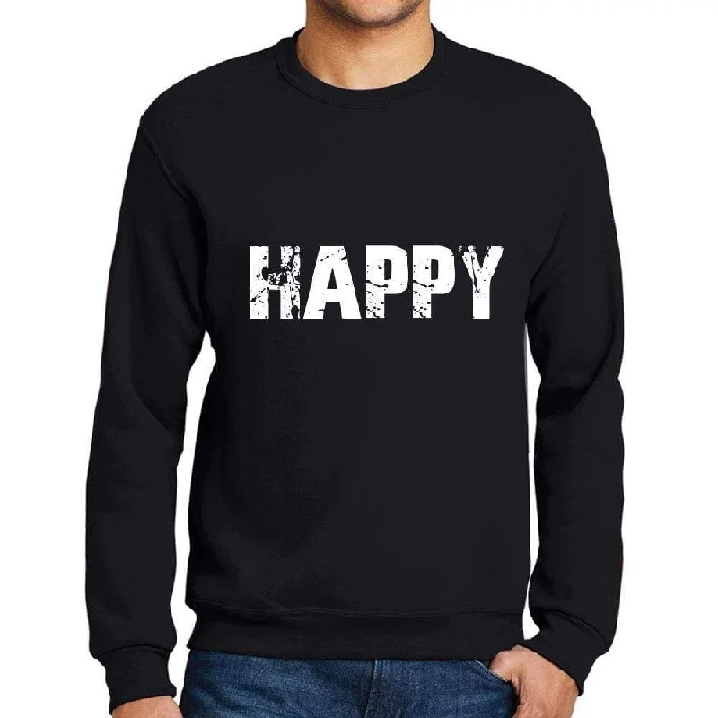 Men's Printed Graphic Sweatshirt Popular Words HAPPY Deep Black