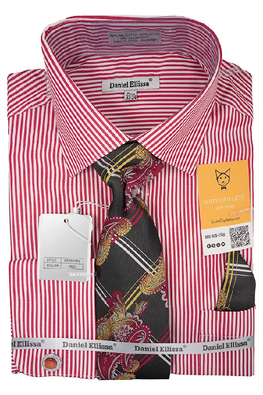 Red White Bold Stripe French Cuff Dress Shirt with Tie, Cuff Links and Pocket Square