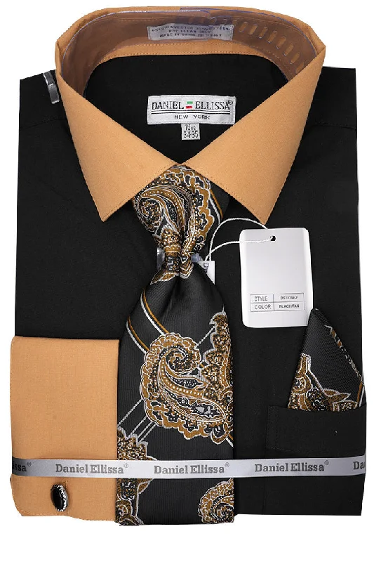 Black Taupe French Cuff Dress Shirt Set with Tie and Handkerchief