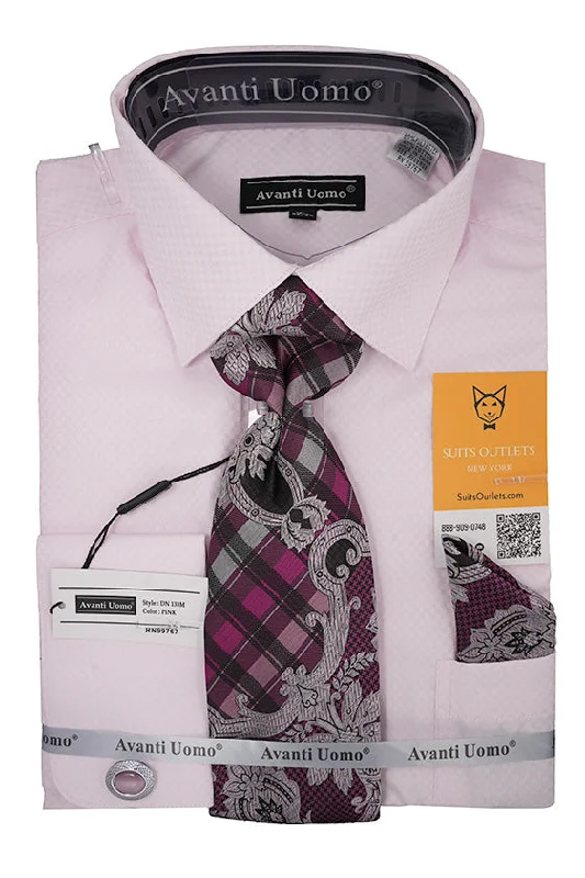 Pink Mini-Check French Cuff Dress Shirt Set with Tie, Cuff Links and Pocket Square