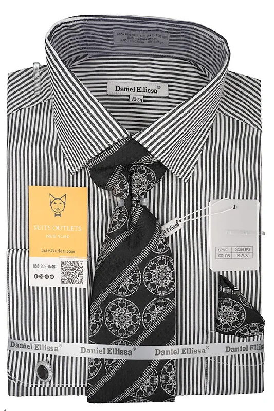 Black White Bold Stripe French Cuff Dress Shirt with Tie, Cuff Links and Pocket Square