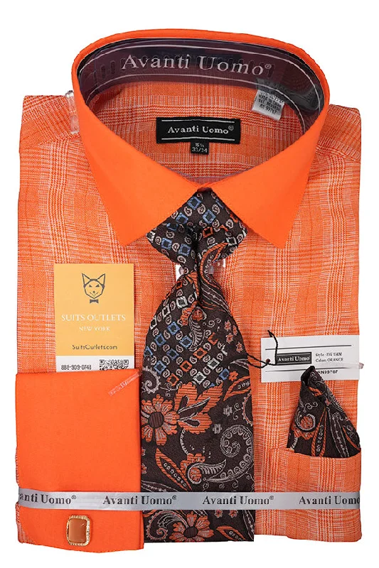 Orange Plaid French Cuff Dress Shirt Set with Cuff Links, Tie and Pocket Square