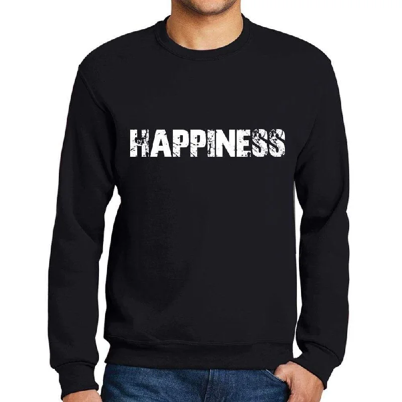 Men's Printed Graphic Sweatshirt Popular Words HAPPINESS Deep Black