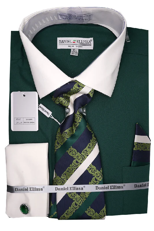 Hunter Green French Cuff Dress Shirt Set with Tie and Handkerchief