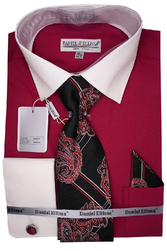 Magenta French Cuff Dress Shirt Set with Tie and Handkerchief