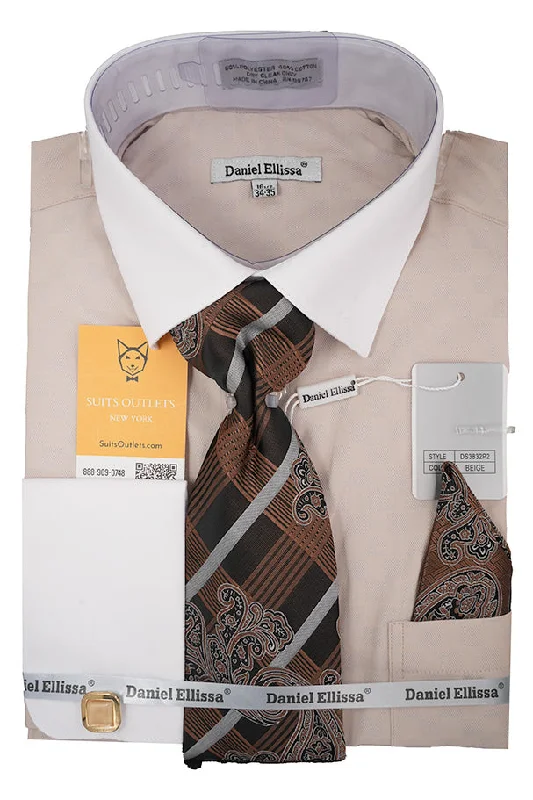 Beige White French Cuff Dress Shirt Set with Tie, Cuff Links and Pocket Square