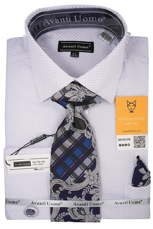 Lilac Mini-Check French Cuff Dress Shirt Set with Tie, Cuff Links and Pocket Square