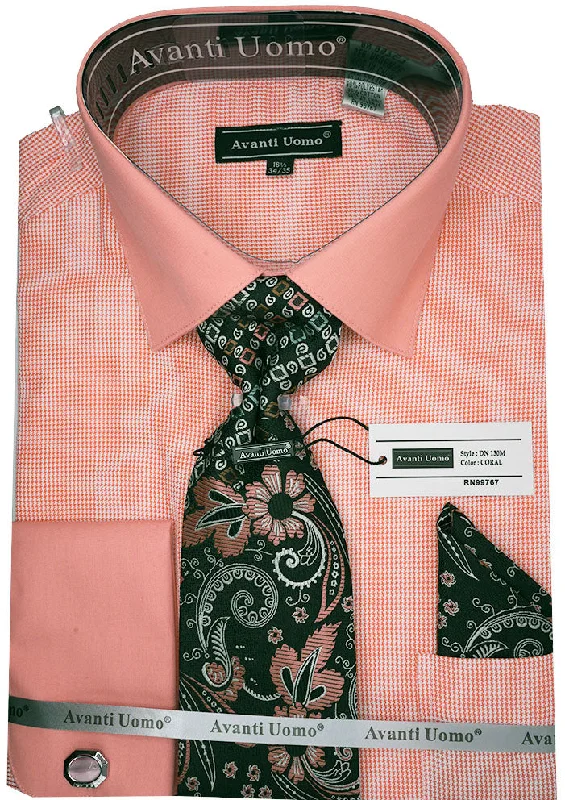 Coral French Cuff Mini-Houndstooth Dress Shirt Set with Tie and Handkerchief