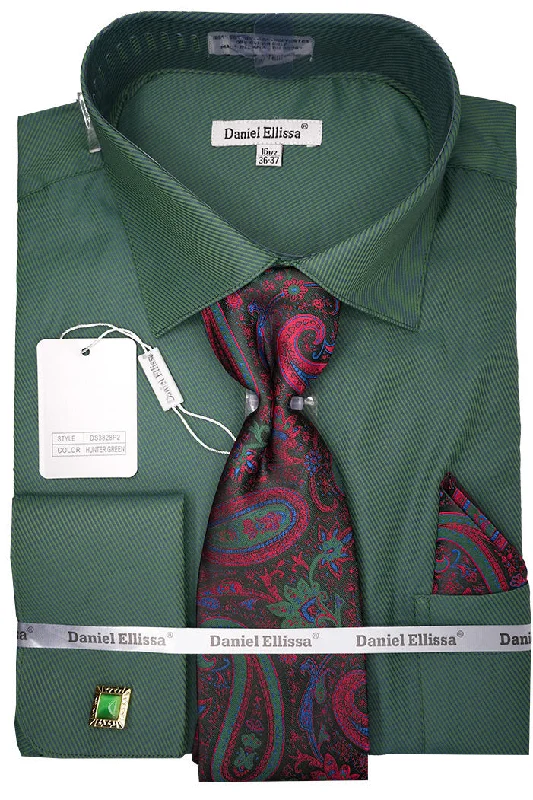 Hunter Green Pin Striped Dress Shirt Set with Tie and Handkerchief