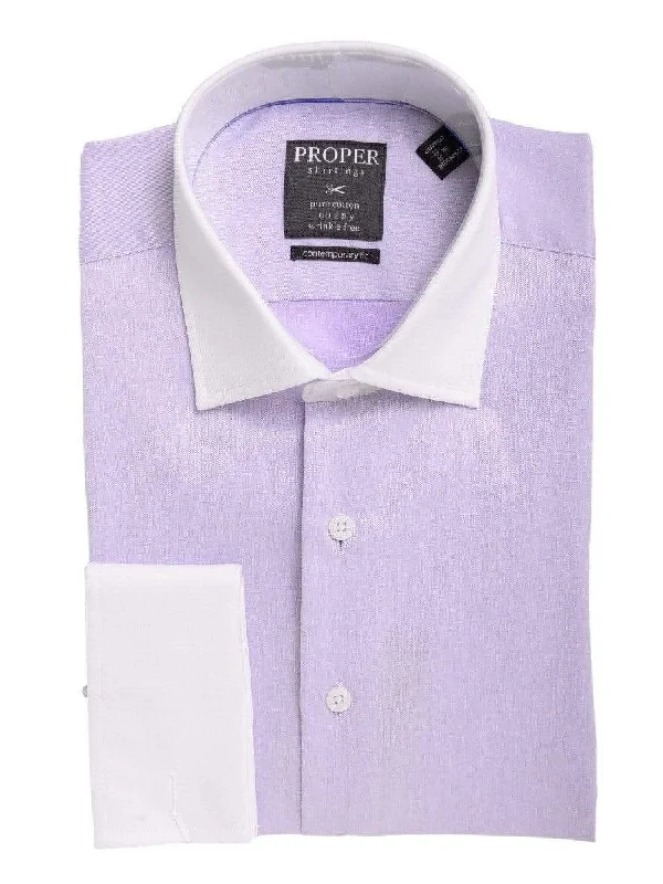 Mens Slim Fit Light Purple Spread Contrast Collar French Cuff Cotton Dress Shirt