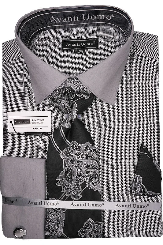 Black French Cuff Mini-Houndstooth Dress Shirt Set with Tie and Handkerchief