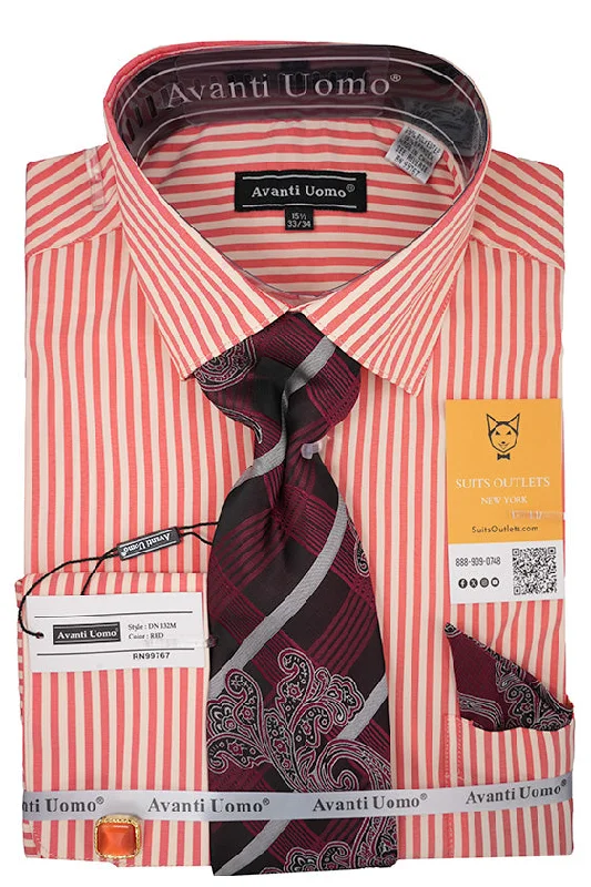 Red and White Striped French Cuff Dress Shirt Set with Tie, Cuff Links and Pocket Square