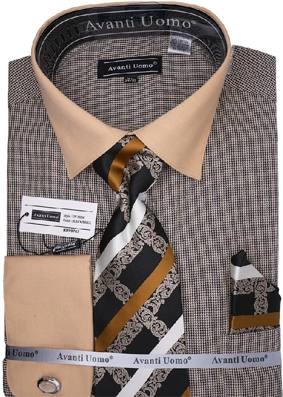 Black Beige French Cuff Mini-Houndstooth Dress Shirt Set with Tie and Handkerchief