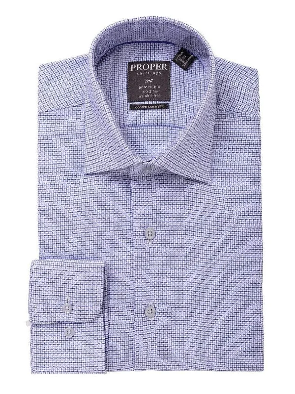 Mens 100% Cotton Blue Check Spread Collar Wrinkle Free Slim Fit Dress Shirt