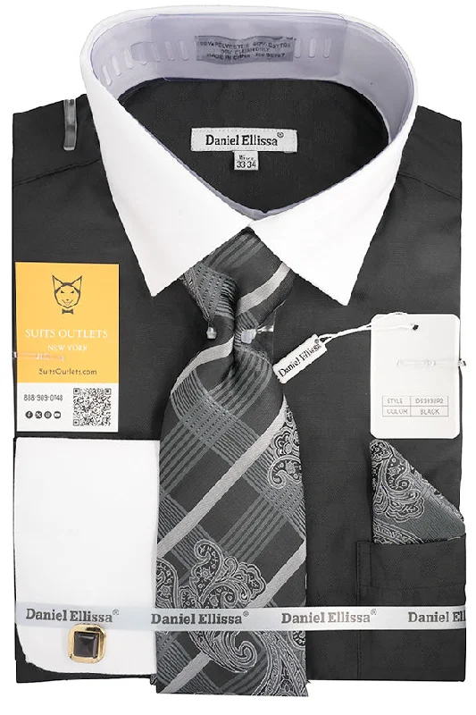 Black White French Cuff Dress Shirt Set with Tie, Cuff Links and Pocket Square